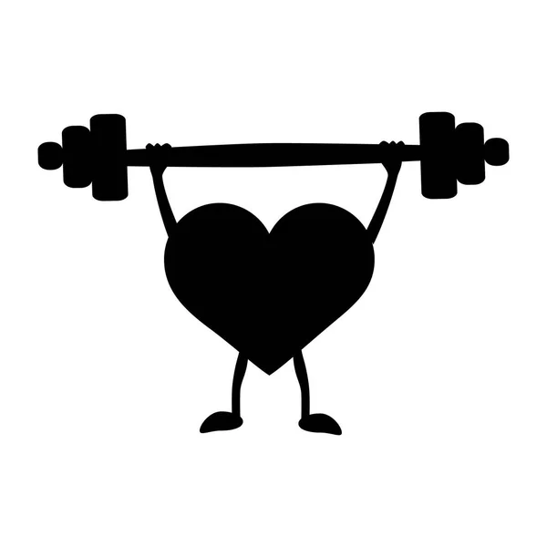 Heart with a barbell in the hands. Black silhouette. Vector illustration on isolated background. — Stock Vector