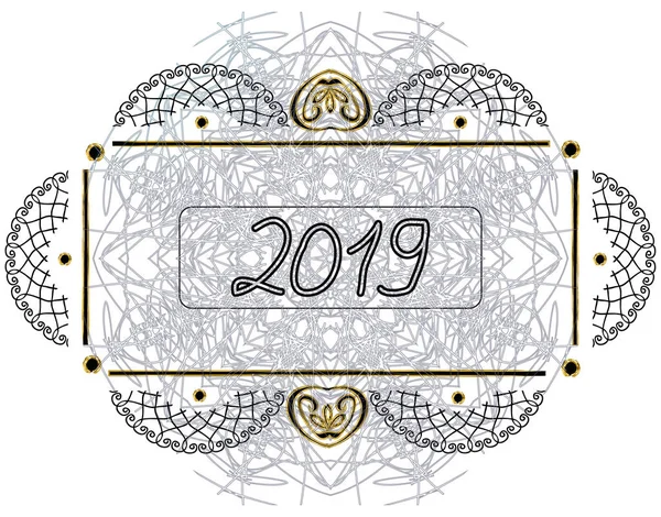 Mandala gráfico vintage. marco 2019 año nuevo. Ilustración vectorial sobre fondo aislado . — Vector de stock