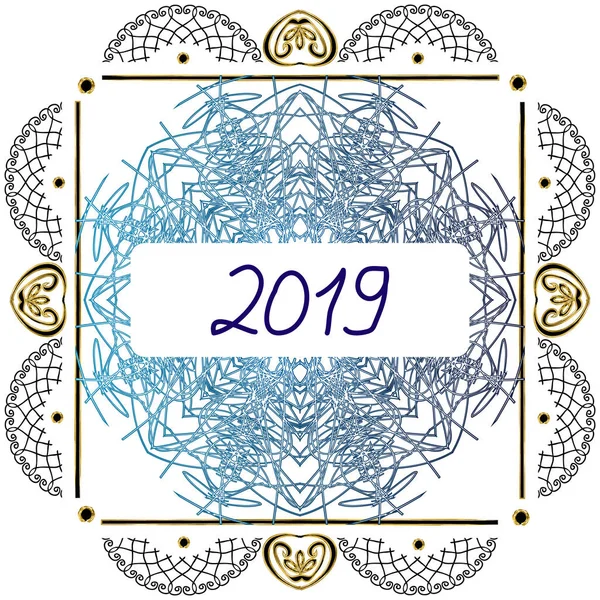 Mandala gráfico vintage. marco 2019 año nuevo. Ilustración vectorial sobre fondo aislado . — Vector de stock