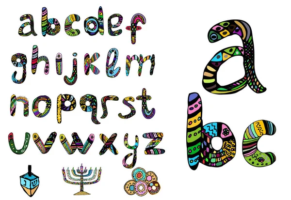 Angielski Wielobarwny Alfabet Hanukiya Savivon Pączki Ręcznie Rysować Doodle Zestaw — Wektor stockowy