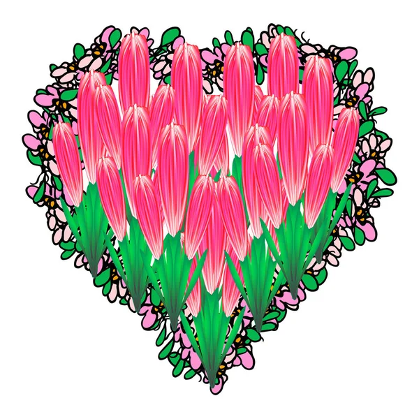 Beau Cœur Rempli Tulipes Saint Valentin Illustration Vectorielle Sur Fond — Image vectorielle