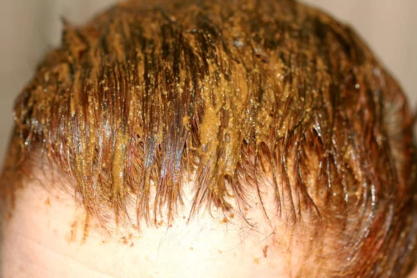 Colorare i capelli sulla testa con l'henné. Maschera nutriente per cuoio capelluto per una buona crescita dei capelli . — Foto Stock