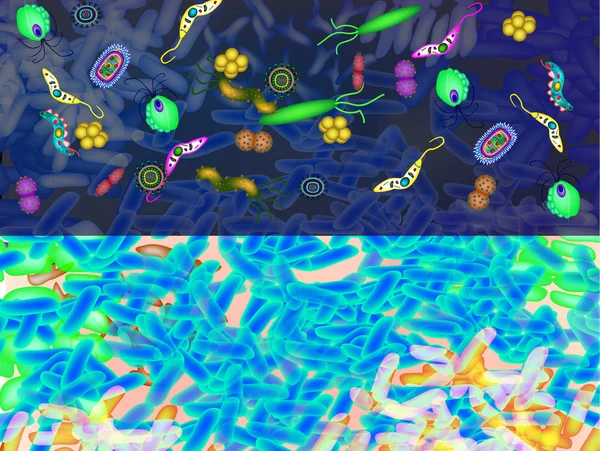 Pathogene microflora in de darm achtergrond. Dysbacteriosis. Dysbiosis. Goede bacterie flora gedood. Blauwe achtergrond lactobacillus, bifidobacteriën, probiotische, prebiotisch. Infographics. Vector. — Stockvector