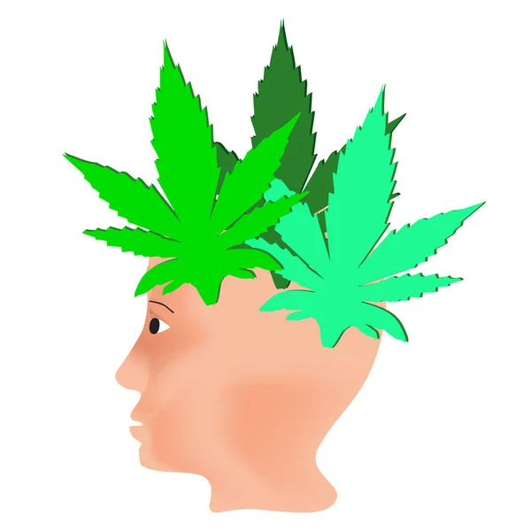 El efecto del cáñamo en los seres humanos. Tratamiento con cannabinoides. Propiedades del logotipo de la marihuana. Cabello de las hojas de marihuana en la cabeza. Cannabis. Vector — Vector de stock