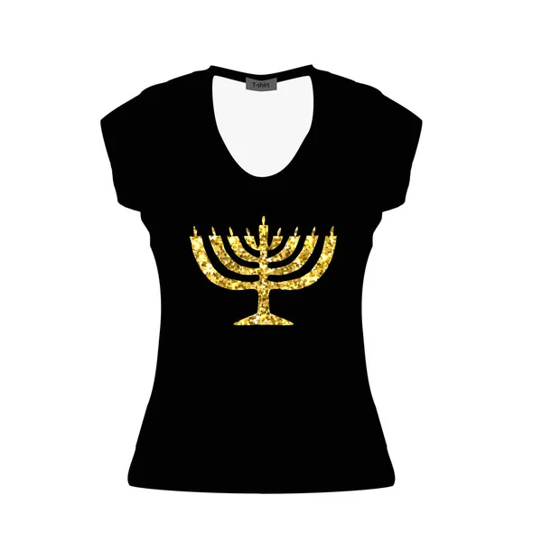 Zwarte vrouwen T-shirt met een gouden Hanukkah. Mockup. Vectorillustratie op geïsoleerde achtergrond — Stockvector