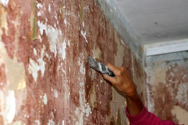 Preparazione pareti per carta da parati con una spatola. Riparazione in appartamento . — Foto Stock