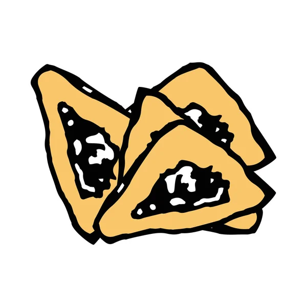 Gomentashen。プリムのユダヤ教の祝日のため三角形のクッキー。手を描く。落書き。孤立した背景のベクトル図. — ストックベクタ