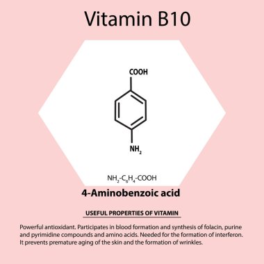 Vitamin B10. 4-Aminobenzoic asit moleküler kimyasal formülü. Vitamini yararlı özellikleri. Infographics. Vektör illüstrasyon izole arka plan üzerinde.