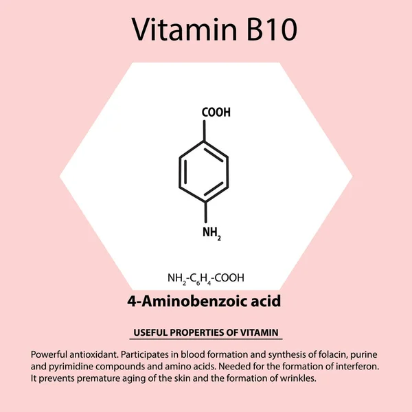 Vitamina B10. 4-Ácido aminobenzoico Fórmula química molecular. Propiedades útiles de la vitamina. Infografías. Ilustración vectorial sobre fondo aislado . — Archivo Imágenes Vectoriales