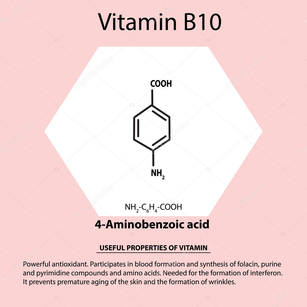 Vitamin B10. 4-Aminobenzoic acid Molecular chemical formula. Useful properties of vitamin. Infographics. Vector illustration on isolated background.