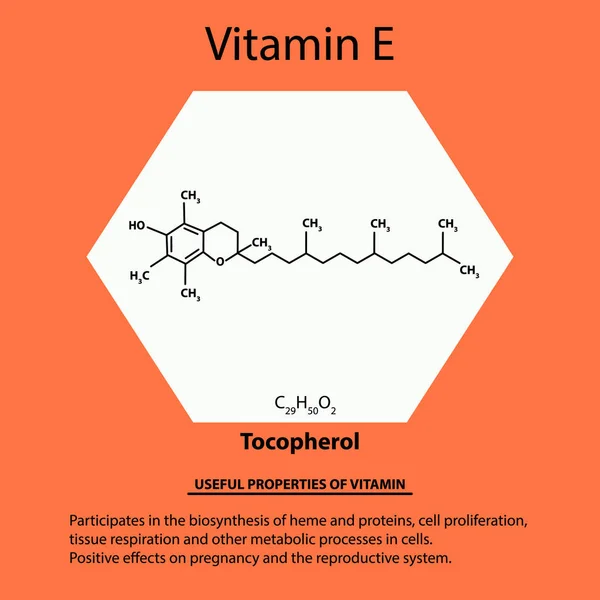 Vitamina E. Tocoferol Fórmula química molecular. Propiedades útiles de la vitamina. Infografías. Ilustración vectorial sobre fondo aislado . — Archivo Imágenes Vectoriales