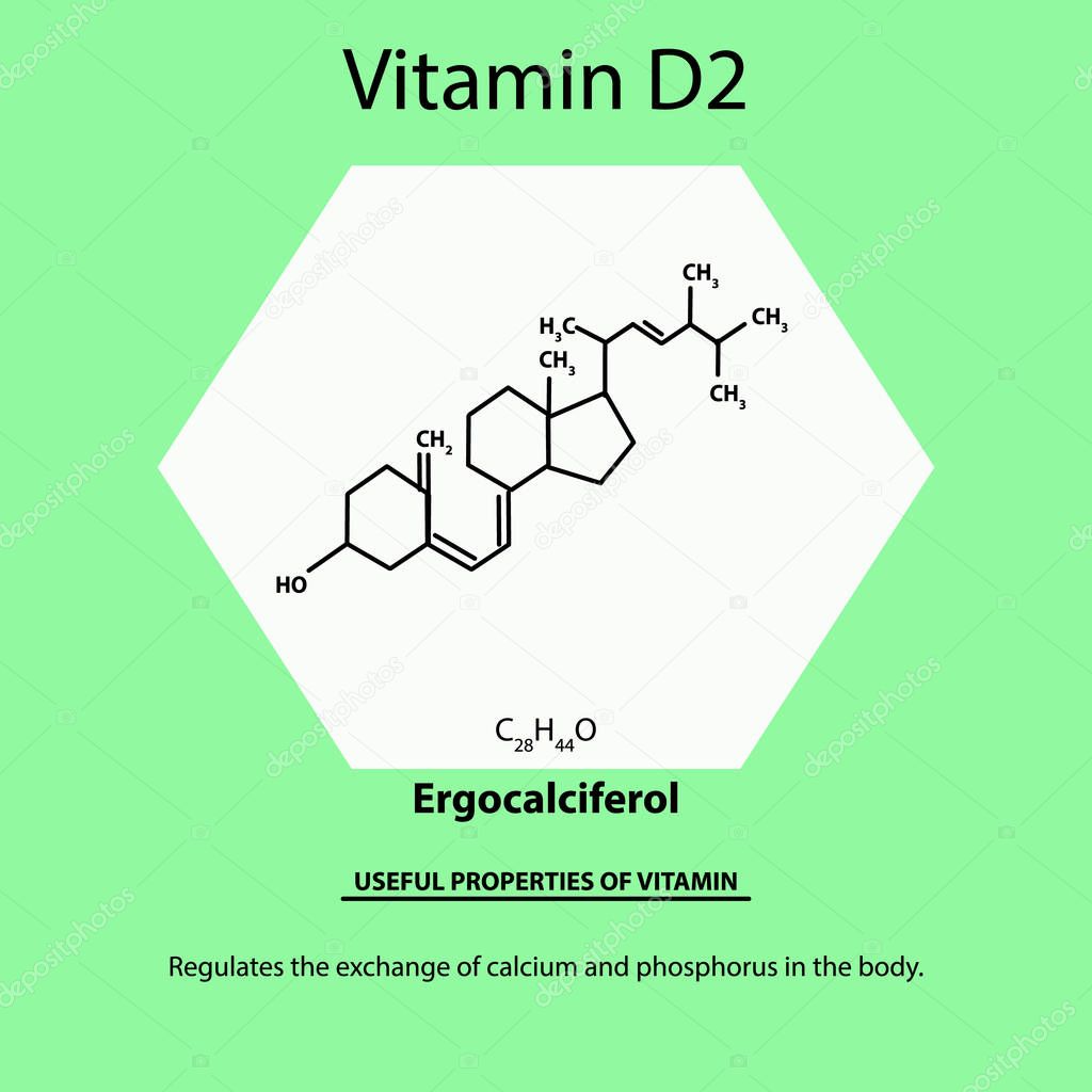 Vitamina D2. Ergocalciferol Fórmula química molecular. Propiedades
