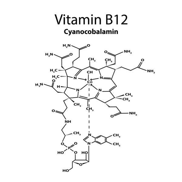 B12 vitamini. Siyanokobalamin moleküler kimyasal formül. Bilgi grafikleri. İzole edilmiş arkaplanda vektör illüstrasyonu. — Stok Vektör