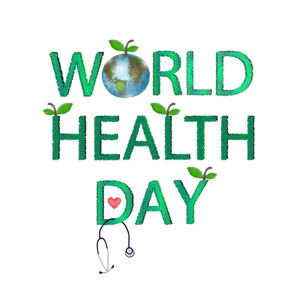 Ziua Mondială a Sănătăţii. Pe 7 aprilie. Globe. Inscripţie. Ilustrație pe fundal izolat — Fotografie, imagine de stoc