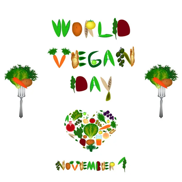 World Vegan Day. Hjärtat av grönsaker och frukter. Inskrift från frukter och grönsaker. Vektorillustration på isolerade bakgrund. — Stock vektor