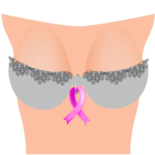 Busto femminile in un bellissimo reggiseno in pizzo di colore grigio. Con un cancro al nastro rosa — Vettoriale Stock