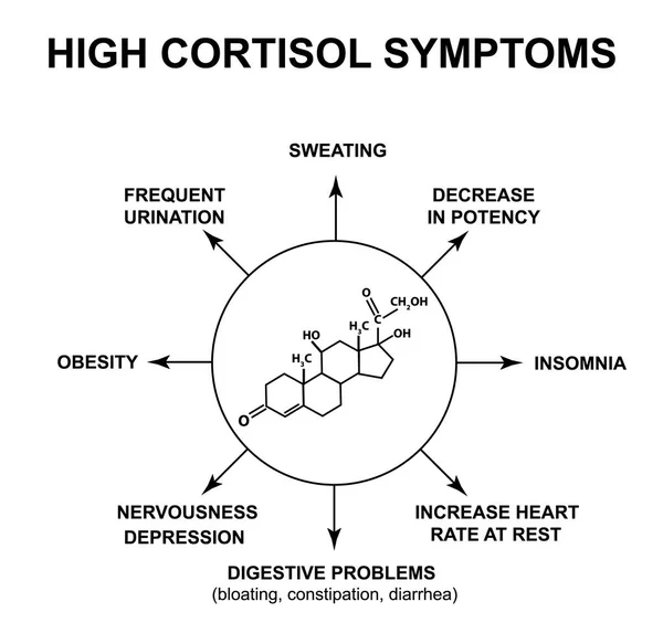 Sintomi di cortisolo alto. L'ormone dello stress cortisolo è una formula molecolare chimica. Infografica. Illustrazione vettoriale su sfondo isolato . — Vettoriale Stock