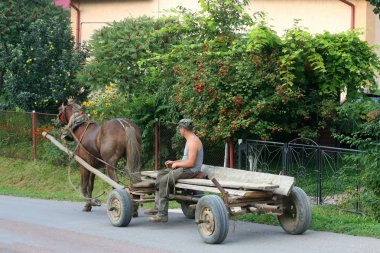 Bir adam koşumlu bir atla ata biner..