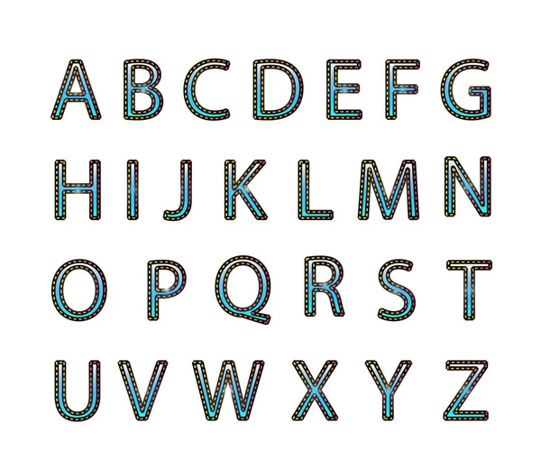 Engelskt alfabet. Typsnitt sömnad stygn. Brittiska blå bokstäver. Vektor illustration på isolerad bakgrund — Stock vektor