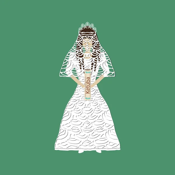 Fille religieuse juive dans une robe de mariée. Mariée avec des mains de ketubah. Illustration vectorielle — Image vectorielle