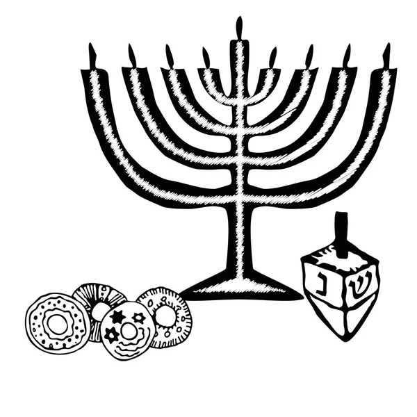 Vela de Janucá, sevivon, donas. Doodle, bosquejo, dibuja la mano. Fiesta religiosa judía de Hanukkah. Letras hebreas. Colorear. Ilustración vectorial sobre fondo aislado . — Archivo Imágenes Vectoriales
