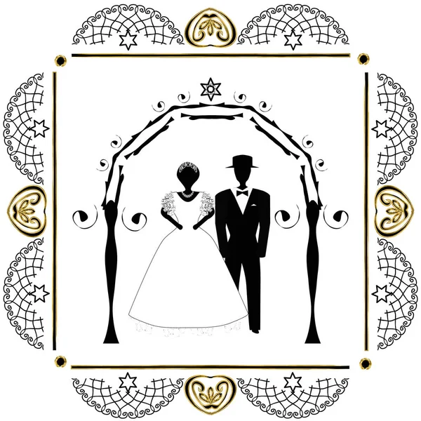 Винтажный графический хупа. Арка для еврейской религиозной свадьбы. Жених и невеста под навесом. Векторная иллюстрация на изолированном фоне . — стоковый вектор
