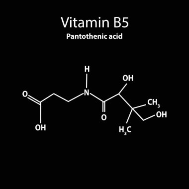 B5 vitamini. Pantotenik asit Moleküler kimyasal formülü. ınfographics. Siyah arka planda vektör çizimi.
