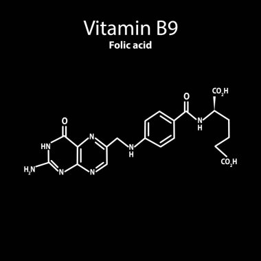 B9 vitamini. Folik asit Moleküler kimyasal formülü. ınfographics. Siyah arka planda vektör çizimi.