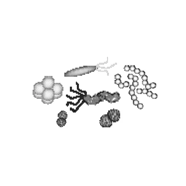 Černé a bílé viry a bakterie. Vektorová ilustrace na izolovaném pozadí — Stockový vektor