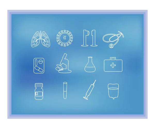 Weiße medizinische lineare Symbole auf blauem Hintergrund. pulmanologii. Atemwege. Lungen. Fluorographie. Rentgen. Infografiken. Vektor — Stockvektor