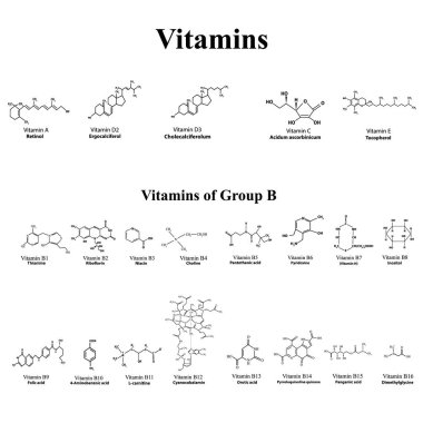 Suda çözünür. vitaminlerin moleküler formülleri. ınfographics. Yalıtılmış bir arka plan üzerinde vektör çizimi.