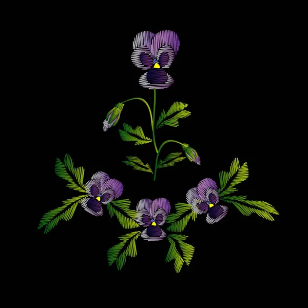刺绣的牛仔裤。顺利。淡紫色的花紫罗兰带芽。花朵图案。传统的民间装饰。在黑色背景上的矢量图 — 图库矢量图片