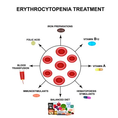 Eritrositopeni tedavisi. Kırmızı kan hücrelerini azaltmak. Hücre eritrositleri. Hemoglobin. Kırmızı kan hücrelerinin yapısı. ınfographics. Yalıtılmış arka planda vektör çizimi.