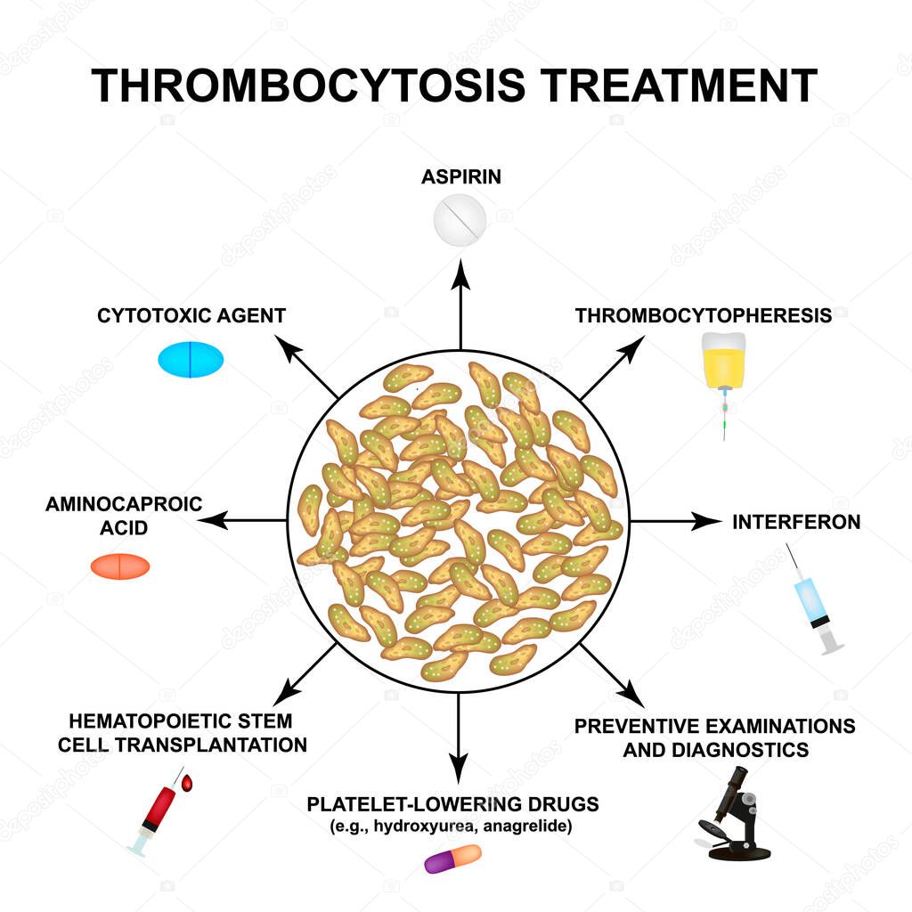 Thrombocytosis treatment. An increase in platelets in the blood. Infographics. Vector illustration on isolated background.