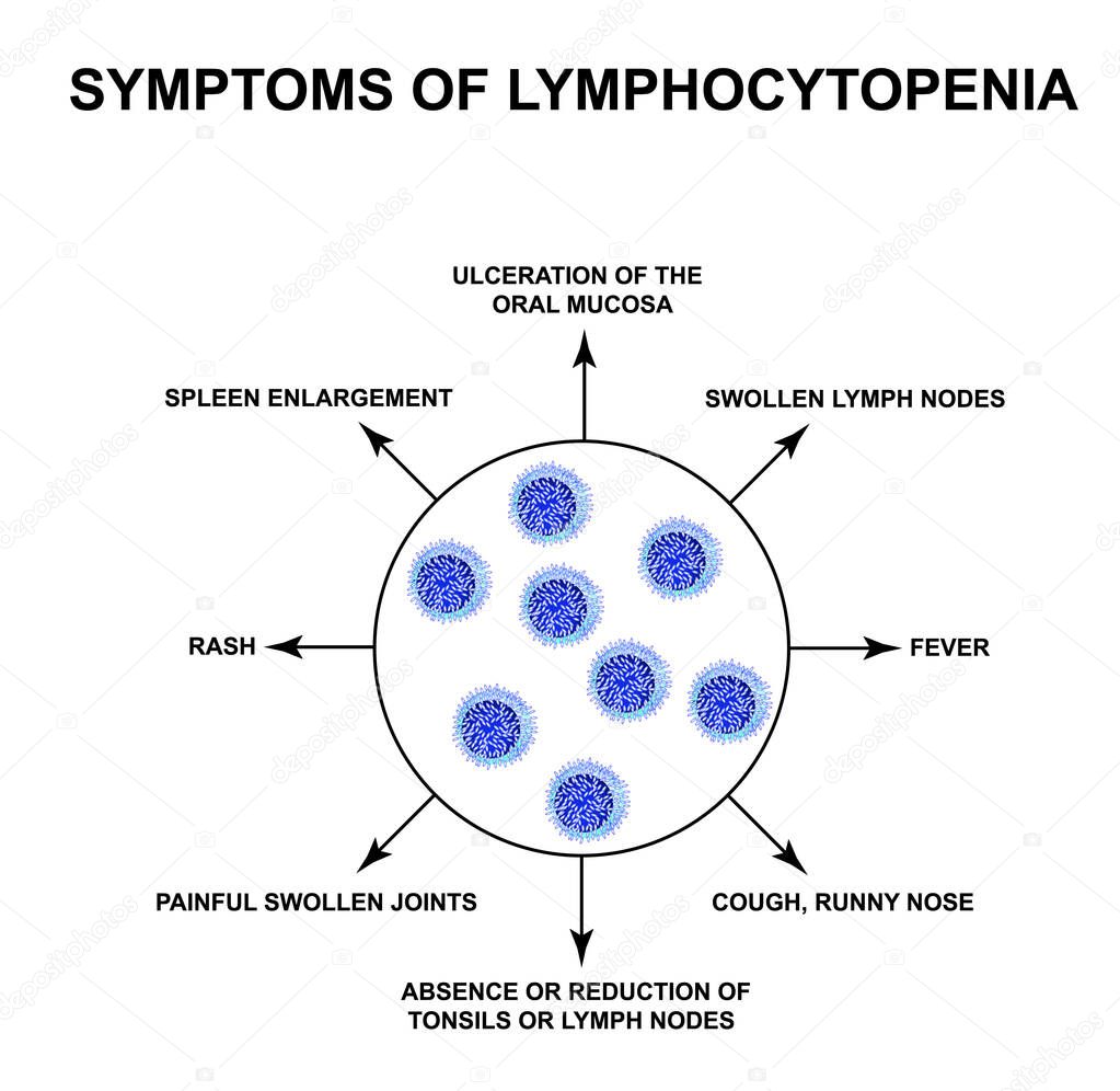 Symptoms of lymphocytopenia. Decreased lymphocytes in the blood. Infographics. Vector illustration on isolated background.