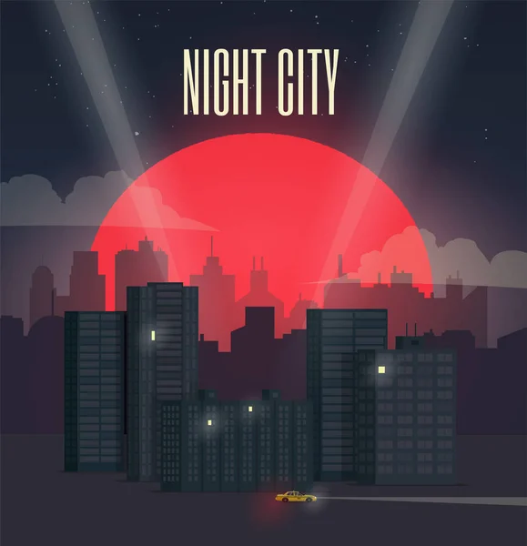 Nacht Stadtbild. Roter Mond. Vektorillustration. — Stockvektor