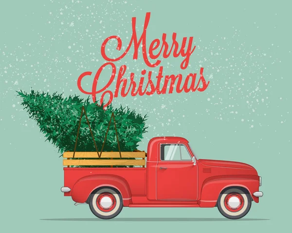 Feliz Natal e Feliz Ano Novo Postal ou Poster ou Flyer modelo com pickup caminhão com árvore de natal. Vintage estilo vetor ilustração . —  Vetores de Stock