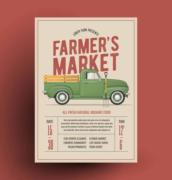 Modelo de cartaz de folheto de mercado de agricultores com caminhonete vintage do agricultor para o evento de seus agricultores. Ilustração vetorial . — Vetor de Stock