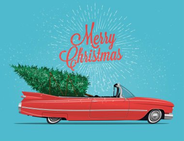 Çizgi film tarz yan görünümü vintage kırmızı cabriolet araba ile Noel ağacı gemide. Vektör çizim için afiş, el ilanı veya kartpostal veya etkinlik için davet Vintage tarzı.