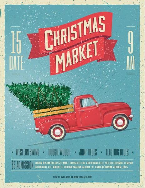 Vintage w stylu Christmas Market plakat lub Flyer szablon z retro czerwony pick-up z choinki na pokładzie. Ilustracja wektorowa. — Wektor stockowy