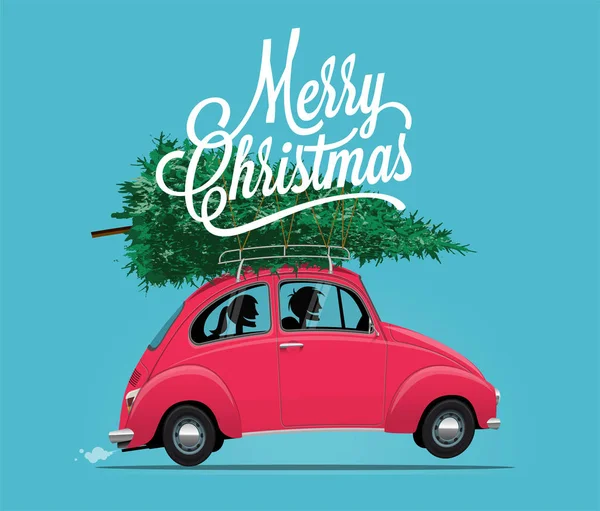 Весела різдвяна тематика Ілюстрація бічного вигляду мультфільм у стилі старовинний червоний автомобіль з різдвяною ялинкою та щасливою парою всередині. Векторна ілюстрація . — стоковий вектор