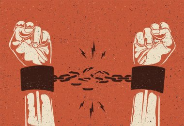 Human hands break the chain. Freedom release concept. Broken chain. Vintage styled vector illustration. clipart