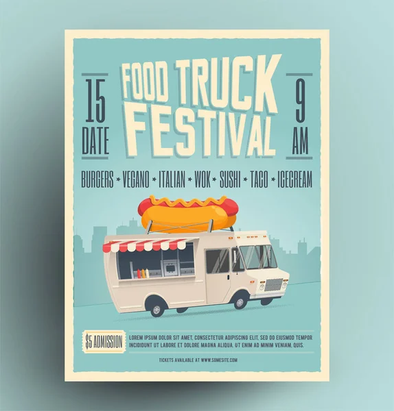 Food Truck Festival Poster, Flyer, Street Food Template Design. Vintage Creative Party Einladung mit Cartoon Hot Dog Food Truck. Vektorillustration. — Stockvektor