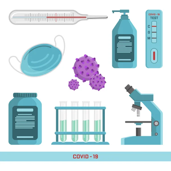 Covid 19 parça. Termometre, antiseptik, test, tıbbi maske, test tüpü, mikroskop. Vektör illüstrasyonu. 