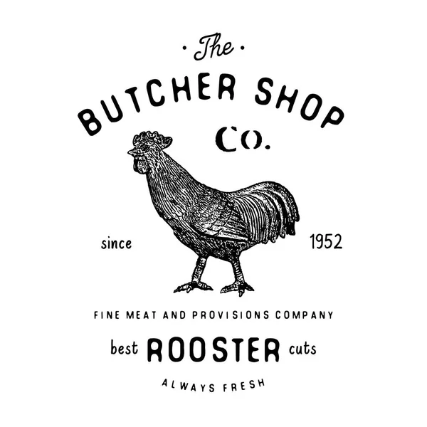 Řezník Shop Vintage Znak Kohouta Masných Výrobků Řeznictví Logo Šablona — Stockový vektor