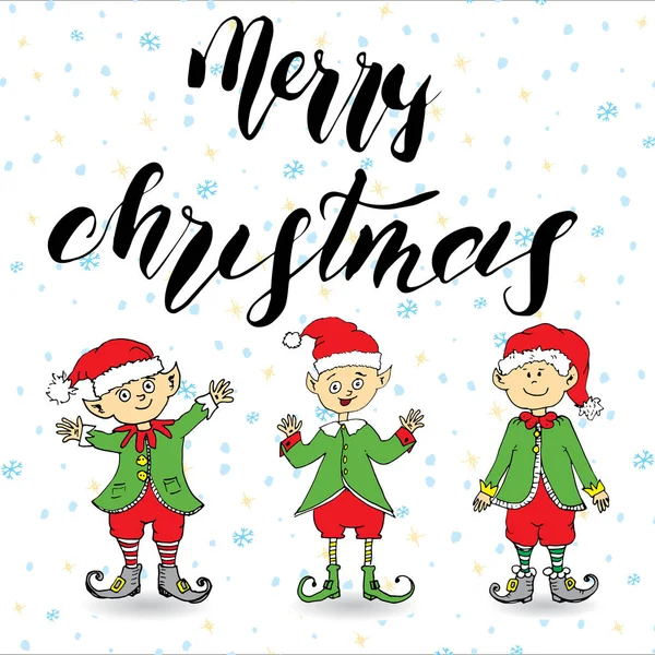 Mutlu Noeller Yazı Tatil Elfler Ile Çekilmiş — Stok Vektör