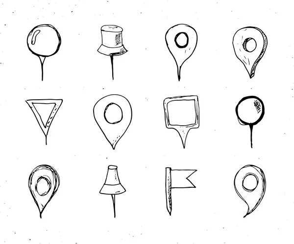 Mapa Punteros Dibujado Mano Conjunto Bocetos Pines Navegación Doodle Vector — Archivo Imágenes Vectoriales