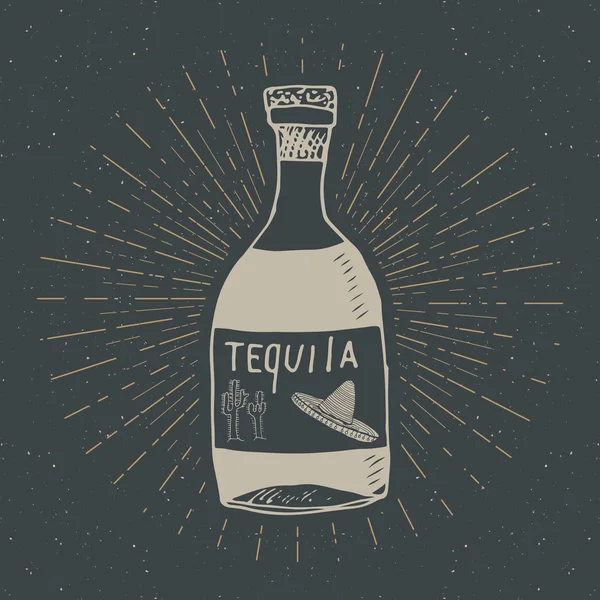 Etiqueta Vintage Botella Dibujada Mano Tequila Boceto Bebida Alcohólica Tradicional — Vector de stock