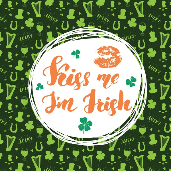 Bésame Soy Irlandés Tarjeta Felicitación Del Día San Patricio Letras — Vector de stock