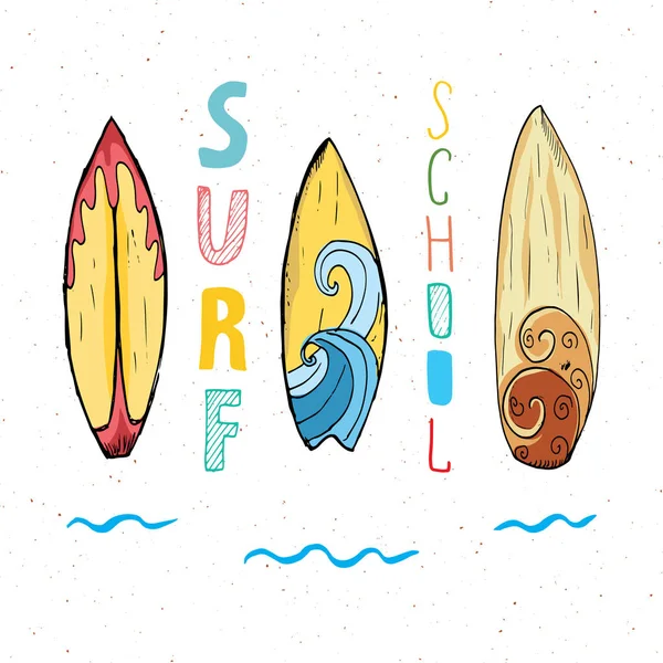 Tablas Surf Dibujado Mano Diseño Impresión Camiseta Tipografía Escuela Surf — Vector de stock